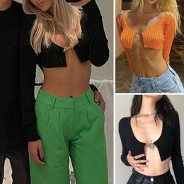 Women's Blouses Women Knitted Long Sleeve Crop Top Open Front Sexy V-neck Ribbed Metal Buckle Cardigan Cropped Sweater Female Knitwear