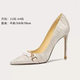 Dress Shoes Spring And Summer Pointed Head Sequin Pearl Chain Flat Wedding Thin High Heel Banquet Large Small Women Single