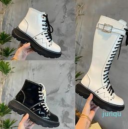 Women Shoes Leather Shoes Designer Booties Lace Up Motorcycle Thick Bottom Winter Black White Womens Short