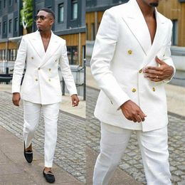 Men's Suits & Blazers Handsome Men's Formal White Linen Groom Wear Double Breasted Party Wedding Peaked Lapel TuxedosJa253N