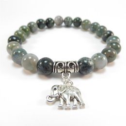 SN1120 Sacred Elephant Mala Bracelet Healing Mala Yoga Jewellery Moss Agate Zen Beaded Bracelet Christmas Gift328u