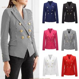 Women's Sweaters High Quality 2023 Designer Blazer Double Breasted Pocket Lion Buttons Slim Plaid Jacket Ladies SR1160