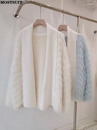 Women's Knits Faux Mink Knitted Cardigan Sweater Women Elegant Loose Stylish Coat Tops 2023 Winter Long Sleeve V-neck Ladies Jumpers