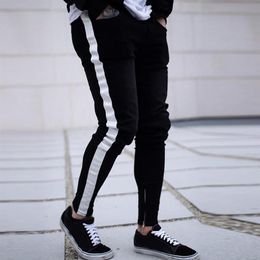 Skinny Jeans Men Hip Hop Stripe Elastic Slim Fit Denim Pants Male Stretchy Pencil Bottoms street Knee Ripped Holes Jeans 2019259A