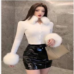 New women's sexy bodycon solid color faux fox fur long sleeve knitted single breasted sweater shirt cardigan crop top short k294L
