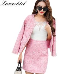 Zarachiel Winter Women Wool Tweed Thick 2 Piece Set Ladies Pearl Cardigan Fringed Trim Pocket Jacket Coat Pencil Mini Skirt Suit 2233Z