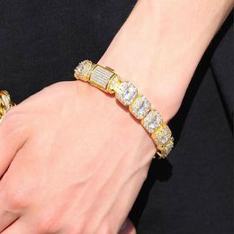 14K Gold Plated 12 5mm Men's Baguette Tennis Bracelet Soild Real Iced Diamond Hip Hop Jewellery for Men Women gifts177i