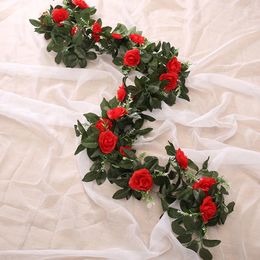 Decorative Flowers 9roses 2.45m 28 Leaves Simulation Rose Vine Fake Flower Attic Air Conditioning Artificial Wedding House Decoration