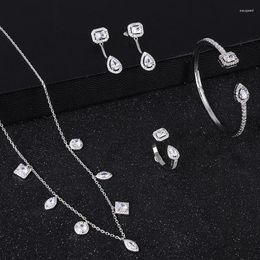 Necklace Earrings Set 925 Silver European Style Fashion Delicate Micro-inlaid Zircon Water Drop Ring Bracelet Bridal 4-Piece Hig