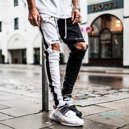 Fashion-Mens Designer Ripped Jeans Hole Distressed striped Zipper Jeans Trousers Slim Hip Hop Biker Denim Pants Skinny cny1632242Y