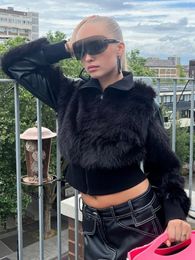 Women's Jackets Crystal Black Turtleneck Faux Fur Long Sleeve Zip Up Sexy Coat Jacket 2023 Autumn Winter Female Clothes Warm Streetwear