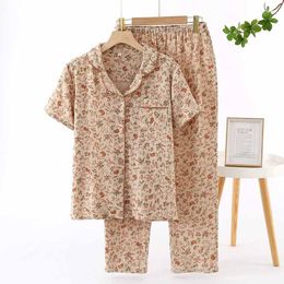 Women's Sleepwear 2023 Spring/Summer Pajama Set Cotton Crepe Short Sleeves Pants Flip Collar Vintage Flower Simple Homewear