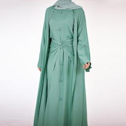 Ethnic Clothing 3 Piece Abaya Set Kimono Button Down Dress Wrap Tie Skirt Dubai Turk Muslim Women Outfit Islamic Hijabi Robe Casual