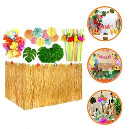 Disposable Table Covers 1 Set Grass Table Skirt Hawaiian Party Paper Flowers Pineapple Tropical Leaves 230918