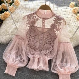 Women's Blouses Women Party Shirt Flower Applique See-through Mesh Lantern Sleeve Lace Shirring Elastic Cuff Round Neck Lady Fall Blouse