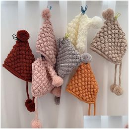 Caps Hats Baby Kids Big Pompon Knitted Hat Children Hand-Woven Hair Ball Ear Protection Winter Warm Muff Beanie A5615 Drop Delivery Ma Dhi9B
