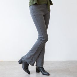 Women's Pants Flare Long Trouser Women Solid Skinny Slit Hem Cotton Female Office Lady Work Elastic Elegant