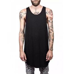 Whole- Men Summer Hip Hop Extend Long Tank Top Men's White Vest Fashion Swag Sleeveless Cotton Solid Tops251F