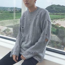 Men's Sweaters Ripped Loose Sweater Knitted Pullover Cutout Beggar Crew Neck Trend Men Women Unisex Punk Leisure Stlye Grey Khaki