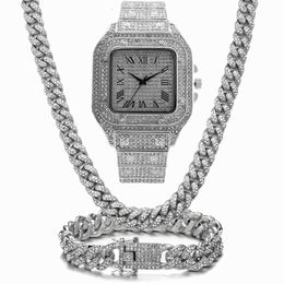 Chains Iced Out Chain Bling Miami Cuban Link Rhinestone Watch Necklaces Bracelet Women Men Jewellery Set Hip Hop Choker250m