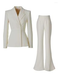 Women's Two Piece Pants Buckle Blazer Pantsuits Women 2023 Designer Milky White Prom Suit Set Business Wear 2-piece Flare Outfits