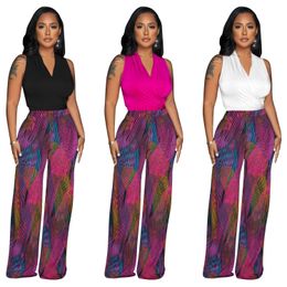 Womens Two Piece Set Elegant Outfits V-neck Criss-Cross Top and Wide Leg Pants Sets Free Ship