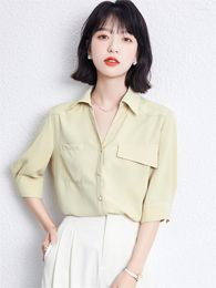 Women's Blouses Elegant Blouse Simple Style Yellow V-neck Pockets Plain Chiffon Half Sleeve TOPS Office Lady Formal Shirts Summer 2023