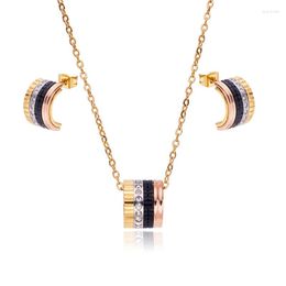 Necklace Earrings Set Luxury Titanium Steel Rose Gold Women Diamond Clavicle Chain Small Waist Full Pendant