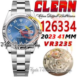 Clean CF Date 41mm 126334 VR3235 Automatic Mens Watch Fluted Bezel Blue Dial Roman Markers 904L OysterSteel Bracelet Super Edition eternity Hombre Wristwatches