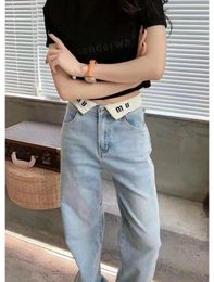 Jeans firmati da donna di marca Miu Jeans skinny Mivmiv a vita alta con design a lettera risvolto bianco e pantaloni in denim a lunghezza dritta Jeans Miv 9051