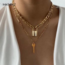 IngeSight Z 2Pcs Set Vintage Multi Layer Padlock Choker Necklace Fashion Gold Color Lock Key Pendant Necklaces For Women Jewelry C242b