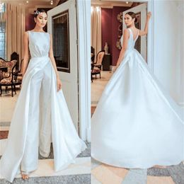 Satin jumpsuit Wedding Dresses Bridal Gowns 2021 with Overskirt Bride Reception Beach Garden Women Pant Suits Vestido De Noiva237G