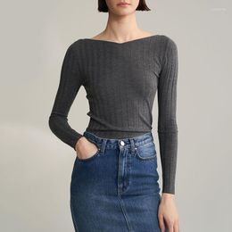 Women's Sweaters Fashion Top Wool Silk Cashmere Blend Knit Ribbed Boat Neck Long Sleeves Fitted Jersey Jumper Pullovers