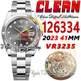 Clean CF Date 41mm 126334 VR3235 Automatic Mens Watch Grey Dial Moissanite Diamond Markers 904L OysterSteel Bracelet Super Edition eternity Hombre Wristwatches