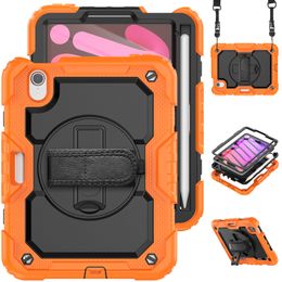 360 Rotating Stand Hand Strap Tablet Case For iPad Mini 6 5 4 Heavy Duty Rugged Silicone Cover Kids Safe Shockproof Cases with Screen Protector PET Film Shoulder Strap