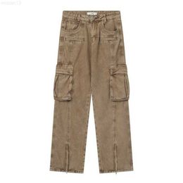 High Street Fashion Brand Multi Pocket Khaki Wash Old Trouser Hem Zipper Work Dress Casual Straight Leg Jeans4u9j