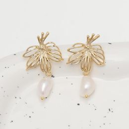 Stud Earrings 2023 Trendy Genuine Baroque Pearl Leaves Brass Unusual Natural Jewwrlry W/9525Silver Needle All Match