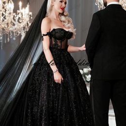 Черное свадебное платье Robe De Mariee с блестками, иллюзия с открытыми плечами, кружевные аппликации, свадебные платья275t