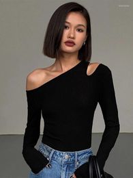 Women's T Shirts Fashion Skew Collar Off-shoulder Long-sleeved T-shirts Women Spring 2023 Solid Slim Fit Crop Top Sexy Hollow Out Tees