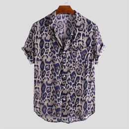 Men's Casual Shirts Men Leopard Printed Chest Pocket Turn Down Collar Short Sleeve Loose Daily Shirt Camisas Para Hombre Drop338z