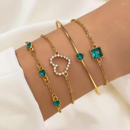 Charm Bracelets Fashion Green Heart-shaped Square Crystal Bracelet For Women Girls Gold Colour Bangle Gift Lover Party Jewellery