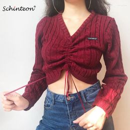 Women's Sweaters Women Preppy Style Knitted Pullover Sweater V-Neck Knitting Short Slim Top Lace Up Knitwear