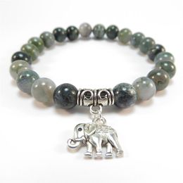 SN1120 Sacred Elephant Mala Bracelet Healing Mala Yoga Jewellery Moss Agate Zen Beaded Bracelet Christmas Gift309P