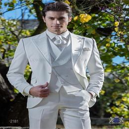 Custom Design One Button White Wedding Groom Tuxedos Peak Lapel Groomsmen Mens Dinner Blazer Suits Jacket Pants Vest Tie NO1534188n