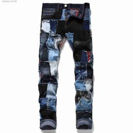 Men's Jeans Unique Mens Patchwork Ripped Jeans Fashion Spliced Straight Leg Slim Frayed Colourful Denim Pants Streetwear Trousers For Male 248 L230918