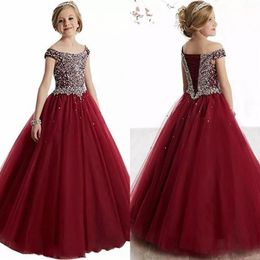 Burgundy Crystals Beaded Girls Pageant Dresses First Communion Dresses Tulle Ball Gown Kids Formal Wear Flower Girls Dresses Corse215E