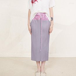 Skirts For Women Imitation Denim Printed Patchwork 2023 Summer High Waist Stretch Miyake Pleated Vintage Split