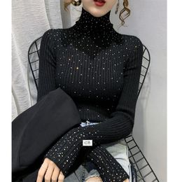 New design women's turtleneck long sleeve stretchy fabric knitted rhinestone patched shinny bling sweater top shirt pullover 230S