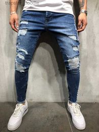 Мужские джинсы Модные джинсы в полоску с принтом Старые длинные узкие брюки-карандаш Синяя молния Уличная тонкая мужская одежда в стиле хип-хоп L230918
