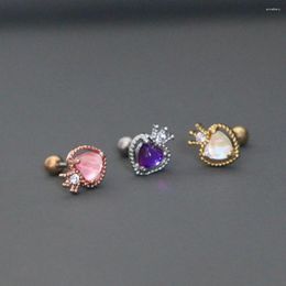 Stud Earrings 1 PCS Small Cute Crown Heart Color Zircon Cuff Earring Trendy Gold Steel Bar Ear Cartilage Piercing Jewelry